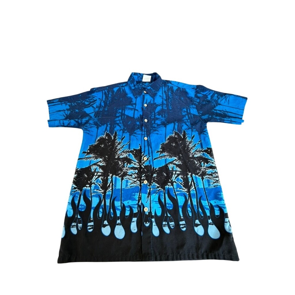 Gotcha Mens Blue Black Palm Tree Flame Print Short Sleeve Button Down Shirt L